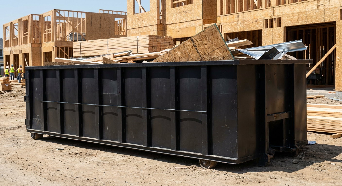 Matte-black 40-yard roll-off construction dumpster being lowered from a white-cab hooklift delivery truck onto the compacted-dirt jobsite at a commercial build site in Wilmington
