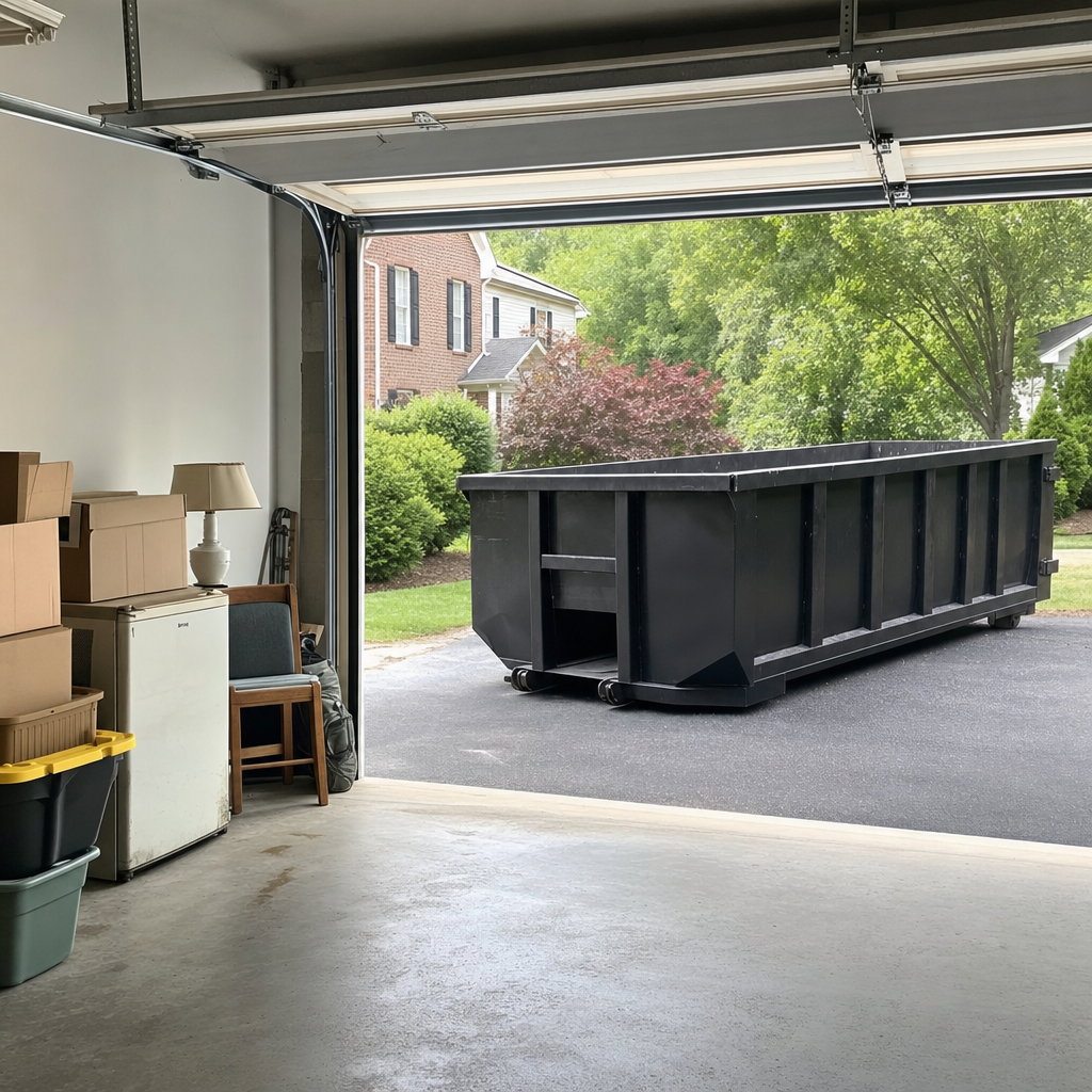 Open garage interior in a Wilmington home mid-cleanout — boxed items, an old appliance, and stacked yard tools queued near the driveway for a matte-black roll-off dumpster, organized and calm