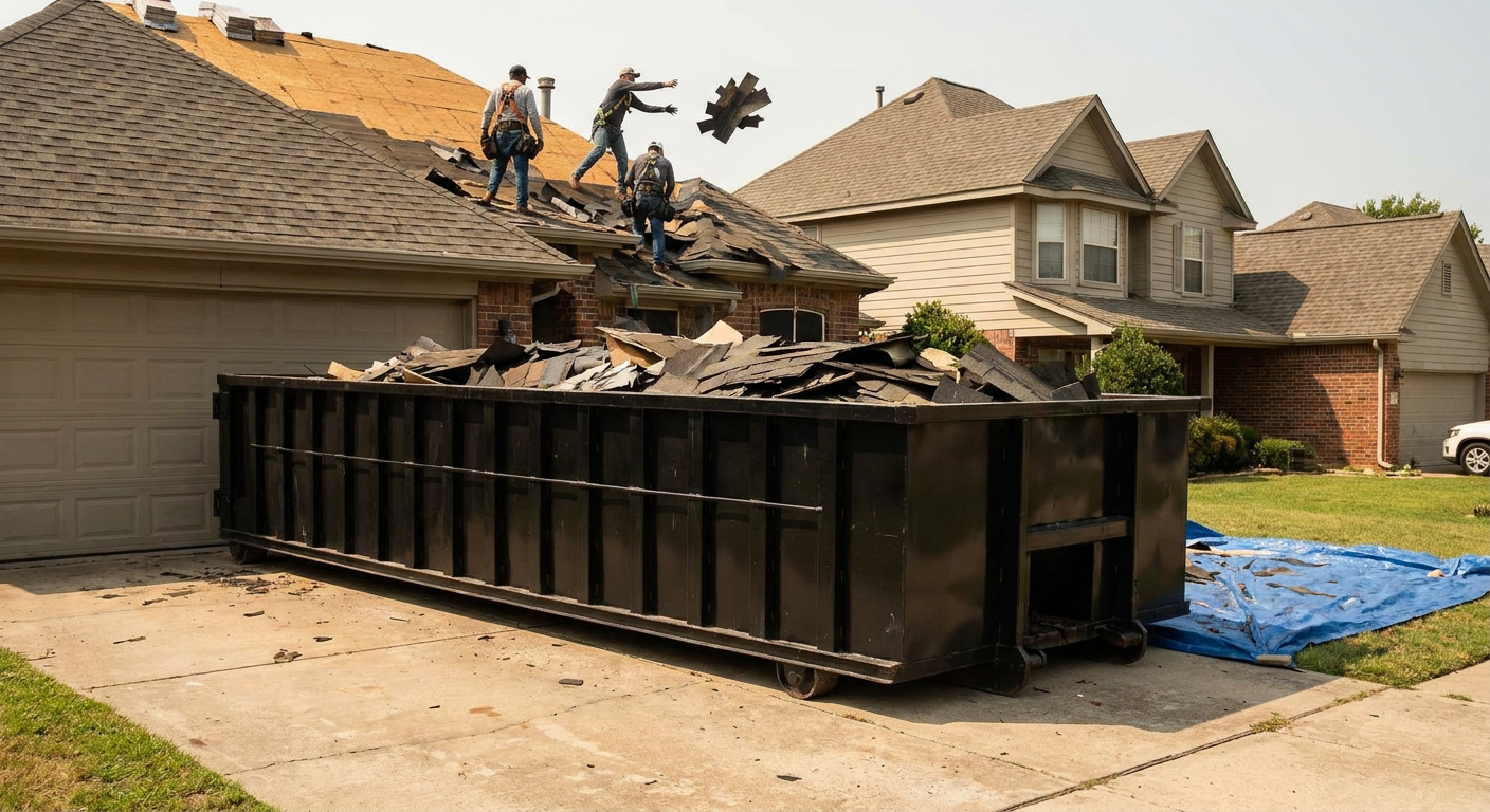 Matte-black roofing roll-off dumpster placed directly on a Wilmington residential concrete driveway, a tear-off crew on a two-story asphalt-shingle roof tossing shingle bundles into the low-walled container, bright daylight, documentary 35mm perspective.