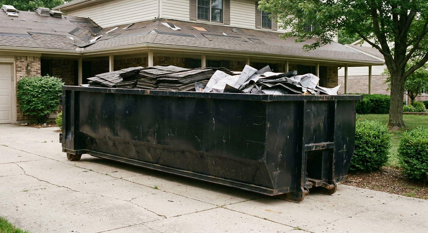 Matte-black 30-yard roofing roll-off dumpster sitting directly on a Wilmington concrete driveway, taller ribbed steel side panels, mixed tear-off debris of asphalt shingles and underlayment inside, professional documentary daylight.