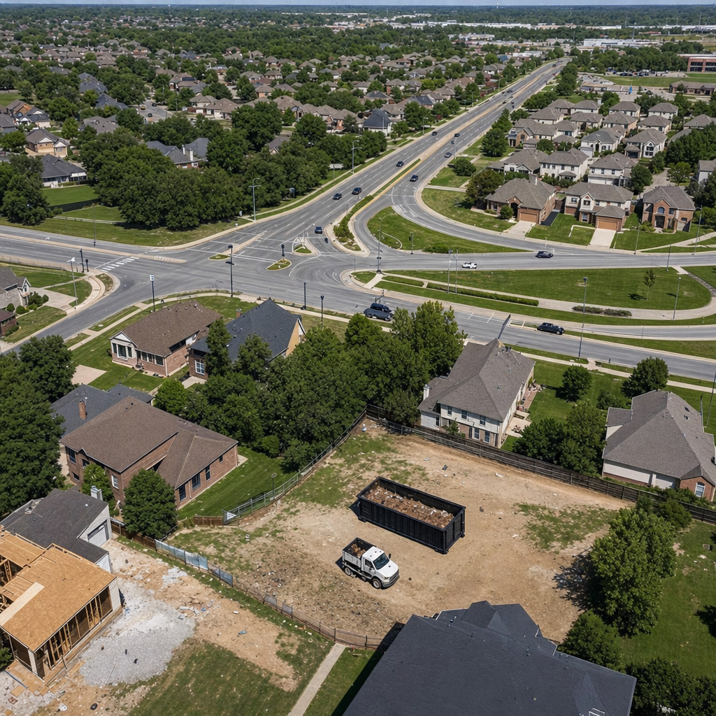 An overhead documentary view of the Wilmington metro area at midday, showing the spread of neighborhoods, arterial roads, and the dispatch radius from a central yard — clean daylight, organized geographic layout.