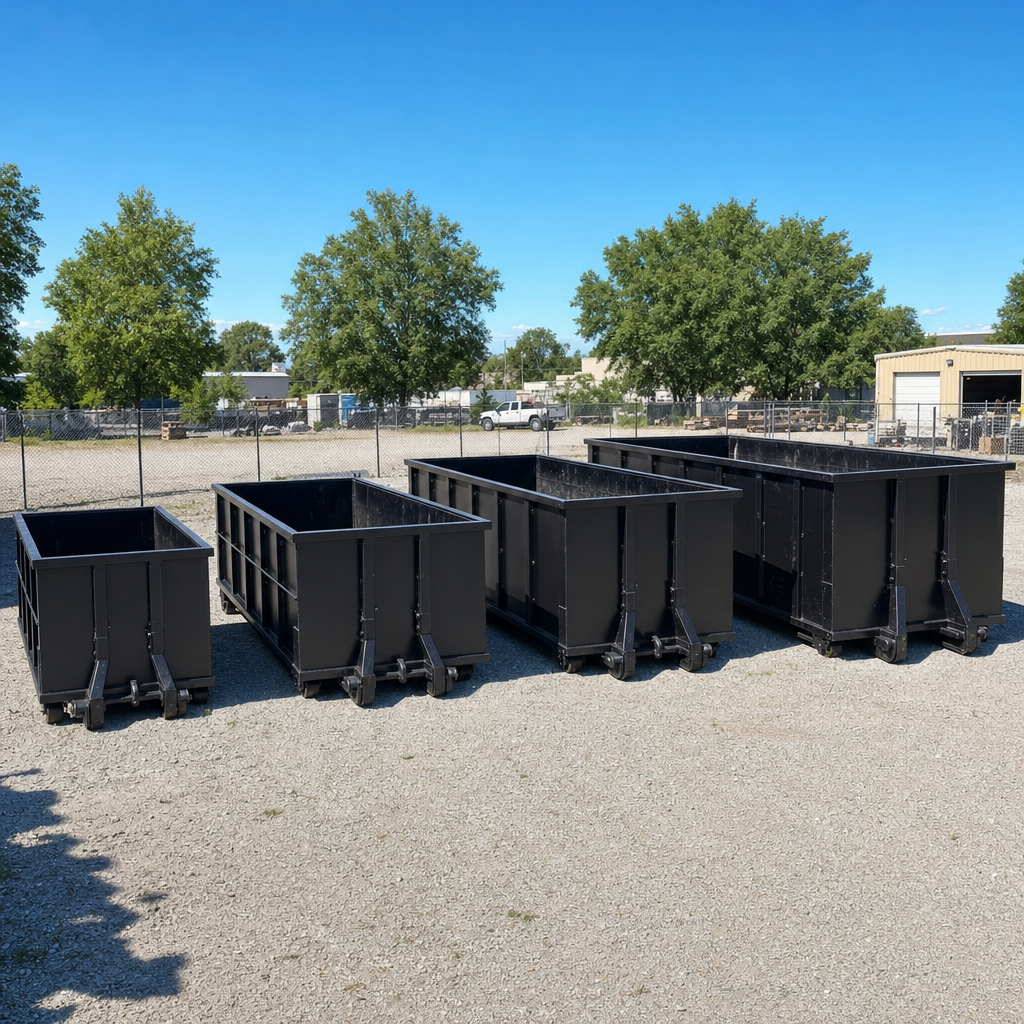 A clean lineup of matte-black roll-off dumpsters in 10, 20, 30, and 40-yard sizes staged on a sunlit gravel yard in Wilmington, showing the size progression from compact to commercial-scale containers.