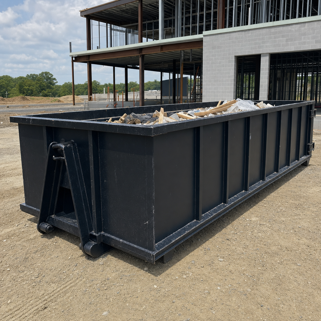 A matte-black 40-yard roll-off dumpster staged on a large Wilmington commercial construction lot, with a hooklift delivery truck parked alongside under bright midday sky.