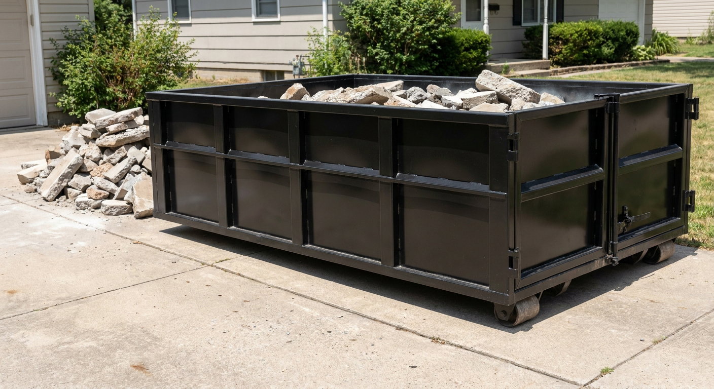 A matte-black low-side heavy-debris roll-off dumpster placed directly on a Wilmington concrete driveway, with broken concrete chunks neatly stacked beside it under clean daylight.